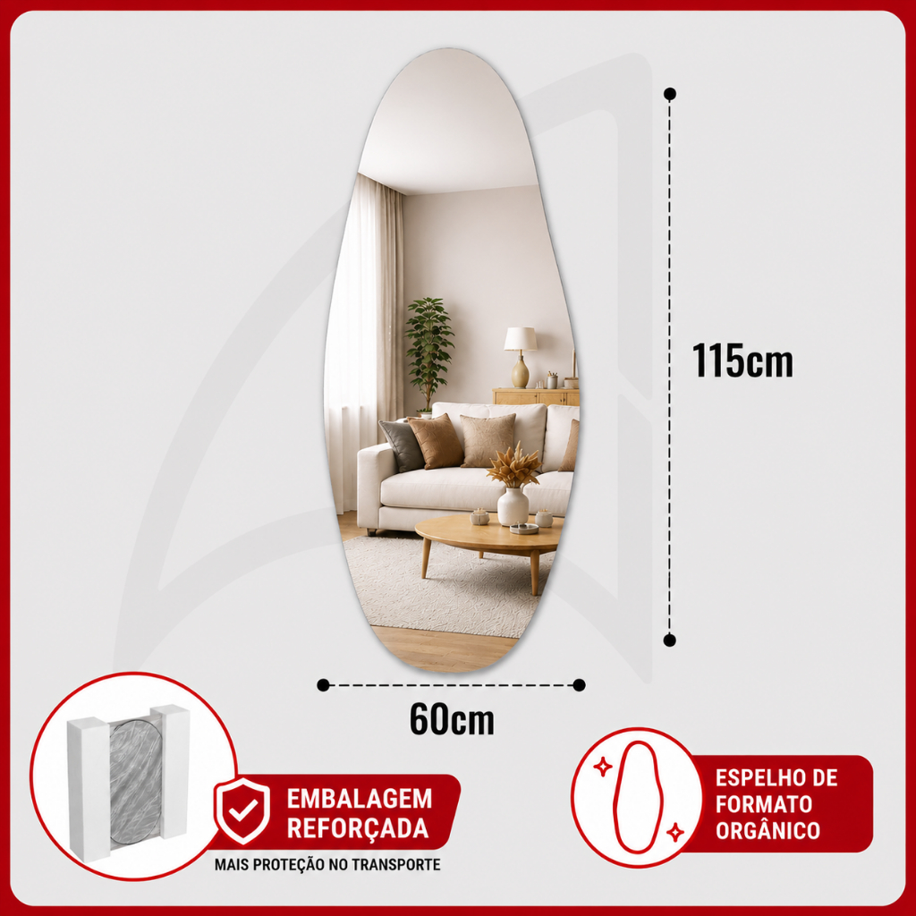 Espelho Orgânico Premium Decorativo Flutuante 60x115cm Sem Moldura Design Moderno
