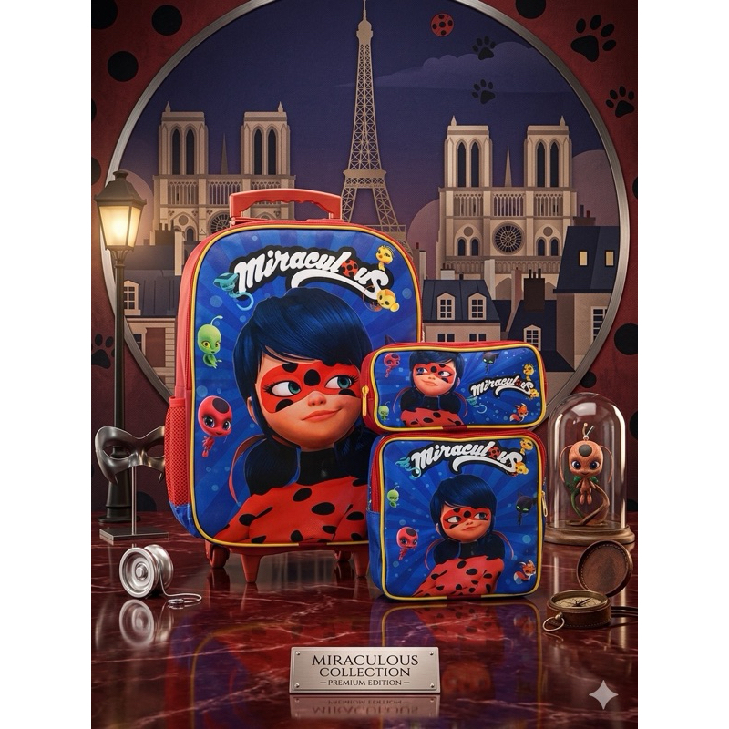 Kit Escolar Miraculous Ladybug - Mochila de Rodinhas + Lancheira + Estojo