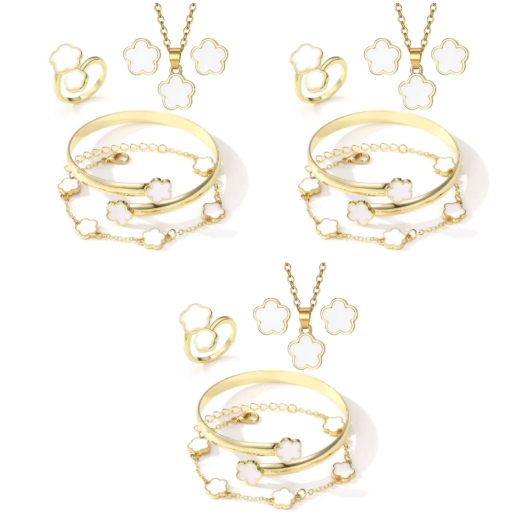 Kit de Joias Femininas 15 Peças Trevo White Premium Colar Brincos Anel Pulseiras Banhadas a Ouro 18k Moda Luxuosa Gold