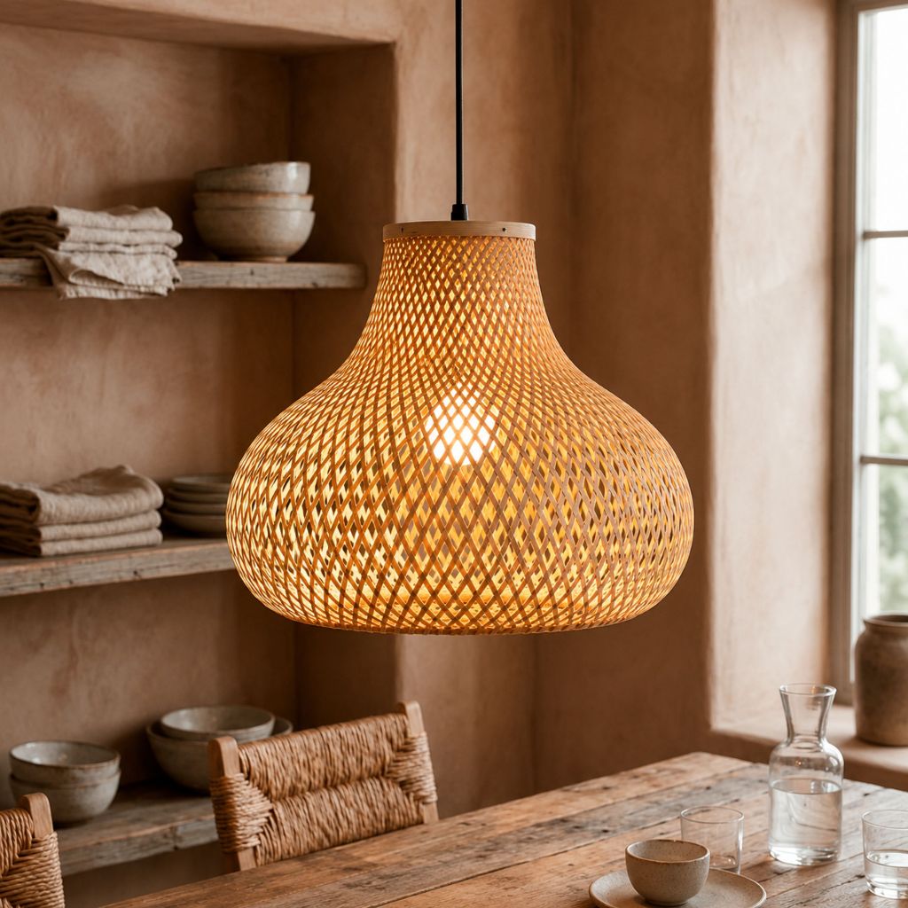 Lustre Pendente Bali White Arrow 38x50cm em Bambu Natural Para Sala De Jantar Rústico