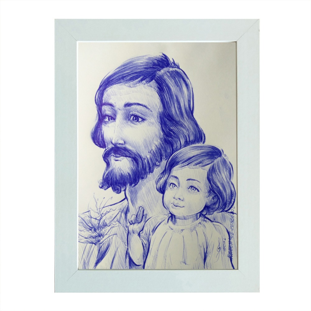 Quadro desenho original caneta azul São José a5 moldurado assinado reel #408