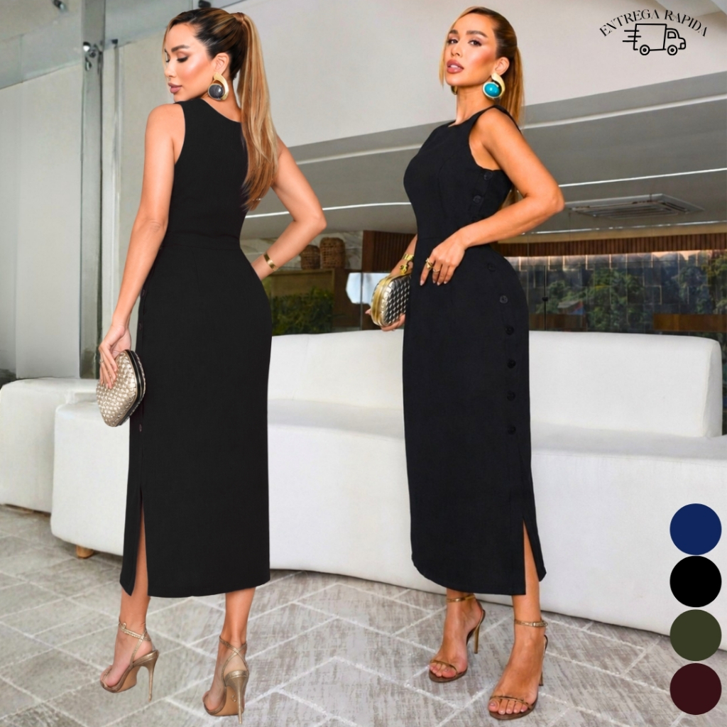 vestido tubinho longo com fenda regulável cor preto forrado por dentro e entretela