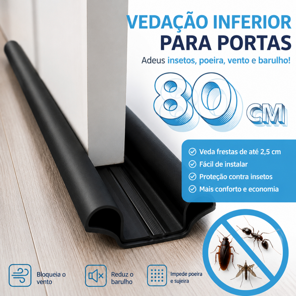 Veda Porta Protetor Impermeável Dupla Proteção–Contra Insetos, Poeira e Vento 80cm