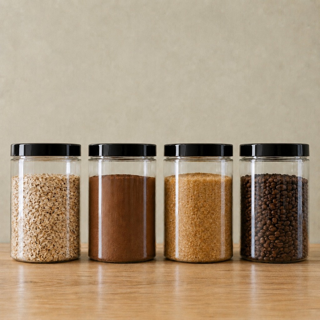 Kit 4 Potes 1500ml Reto Transparente Básicos Minimalista Tampa Preta de Rosca Cozinha Mantimento