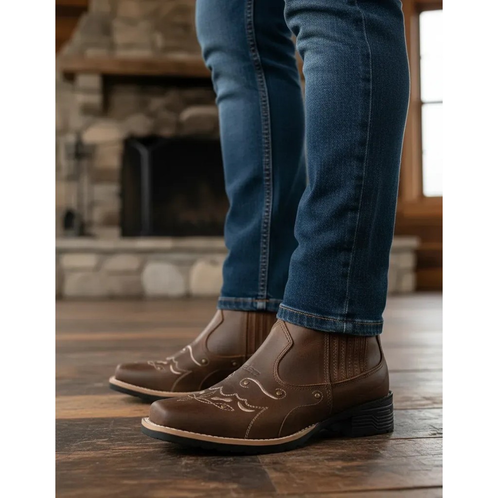Botina Feminina Zebu Mustang 71145 Terra Bico Quadrado Estilo Agro Feminino Couro Bovino Legitimo