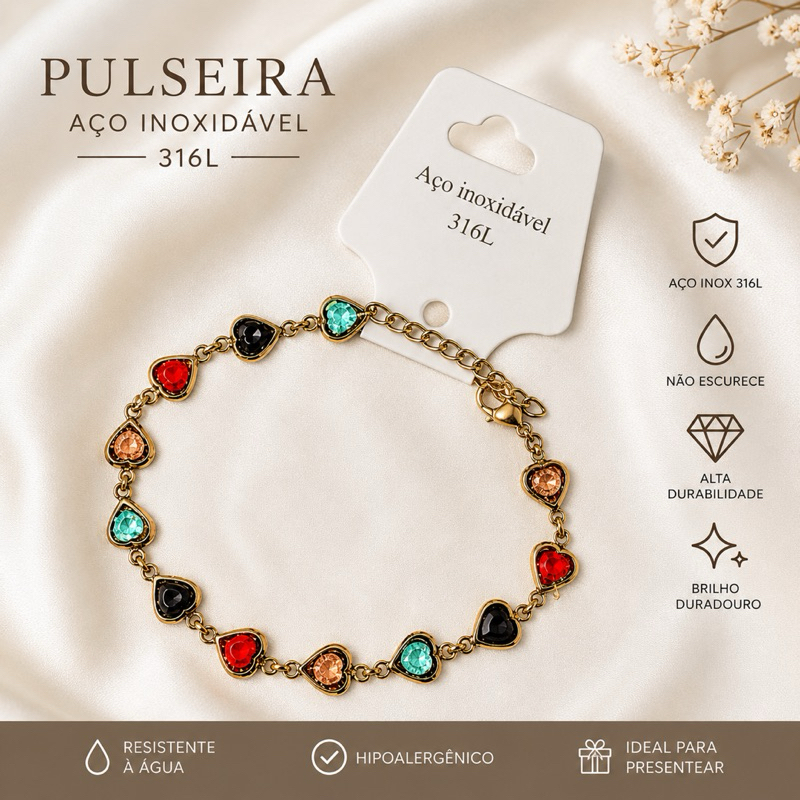 Pulseira Feminina Aço Inoxidável 316L Colorida | Pulseira Delicada Ajustável com Pedras | Antialérgica Não Escurece