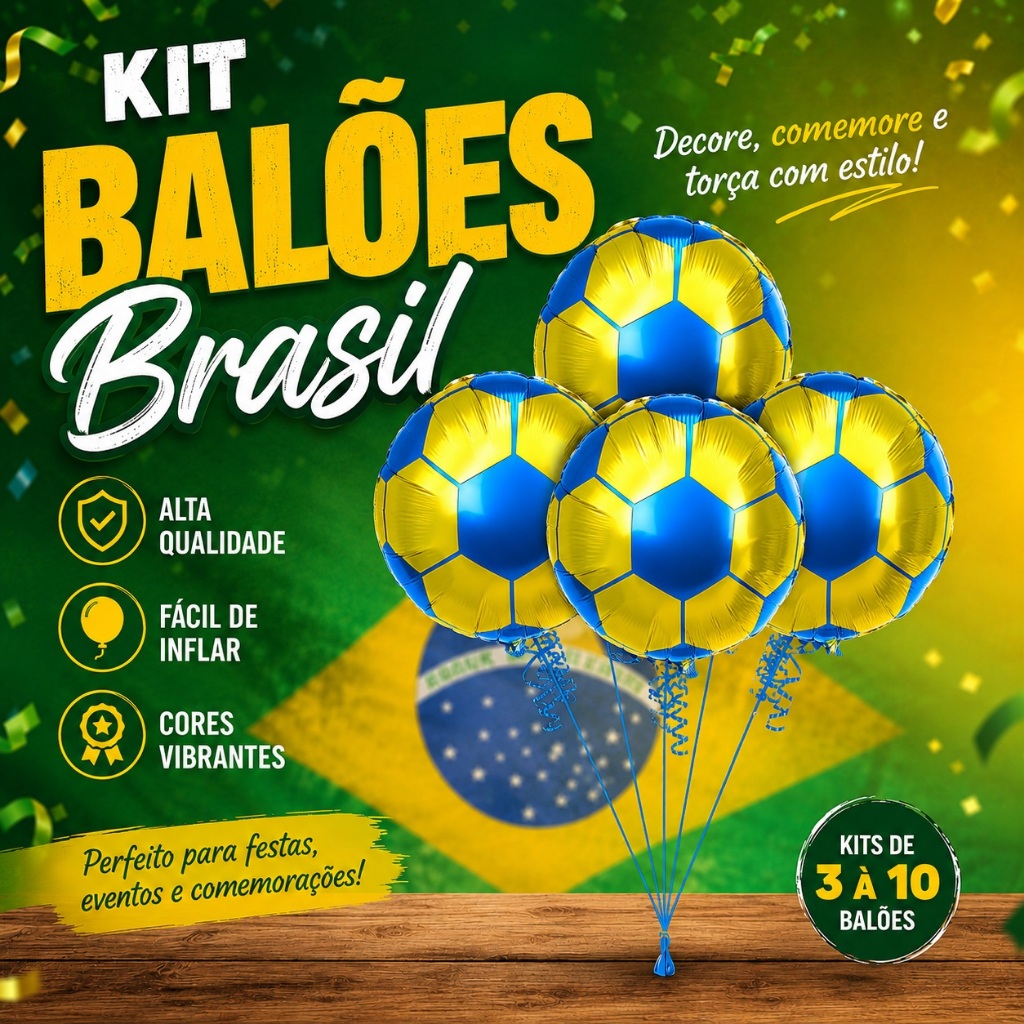 Kits de 3 à 10 Balões Metalizados Bandeira Brasil 45x45cm Ordem e Progresso