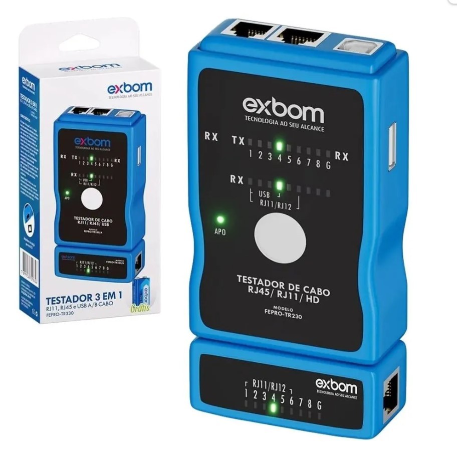 Testador de Cabo TI Rede RJ45/11/12 e Cabo Impressora USB AF/BF FEPRO-TR330 EXBOM