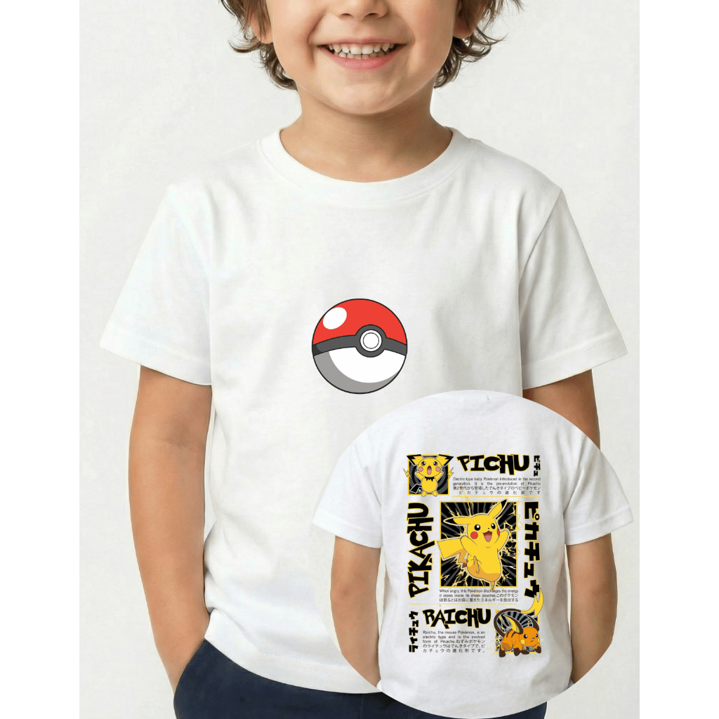 Camiseta Infantil Masculina Estampada Pokemon Desenho Pikachu 100% Algodão de Alta Qualidade