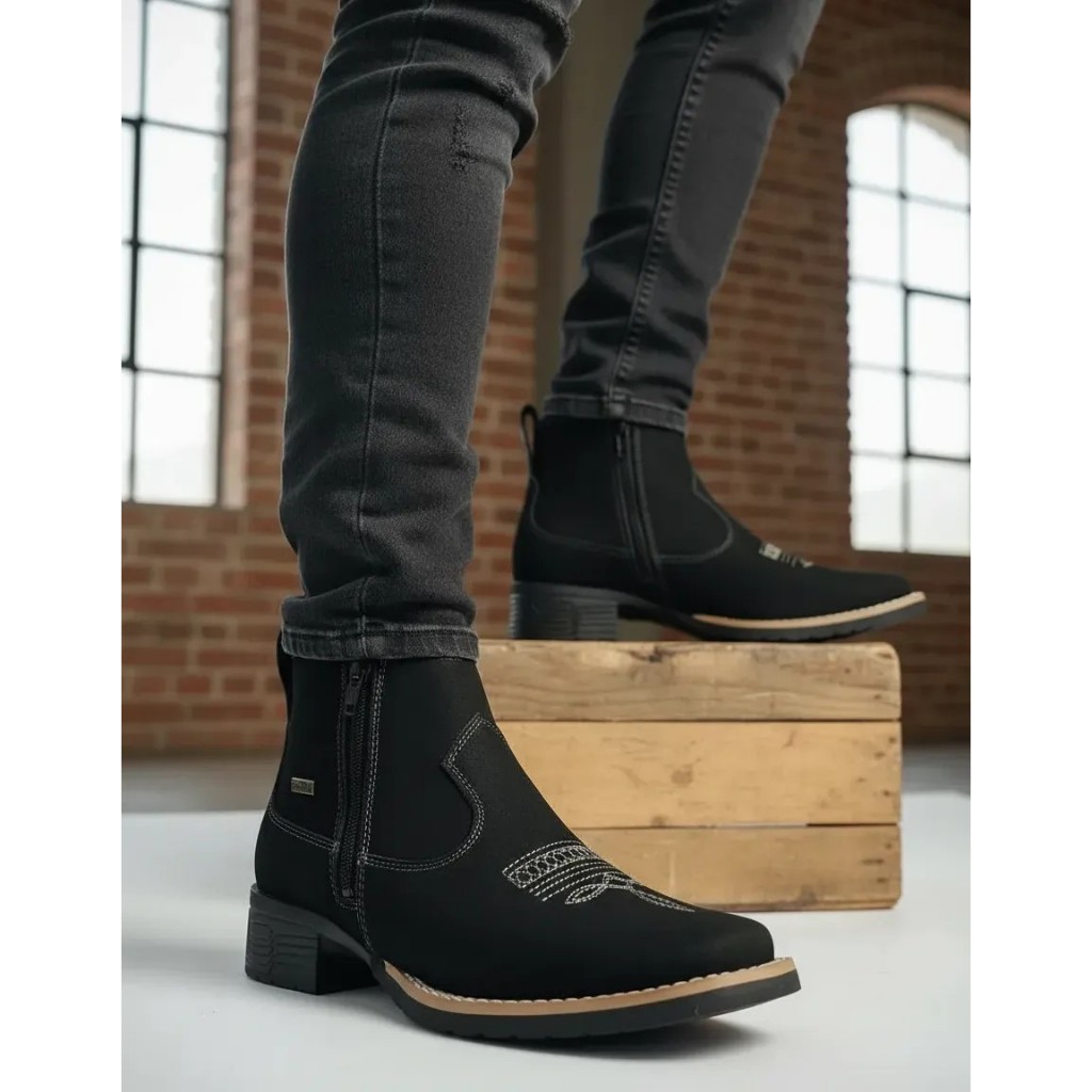 Botina Feminina Estilo Country Zebu Nobuck Preto 71030 Couro Legítimo Bota Original Zíper Lateral