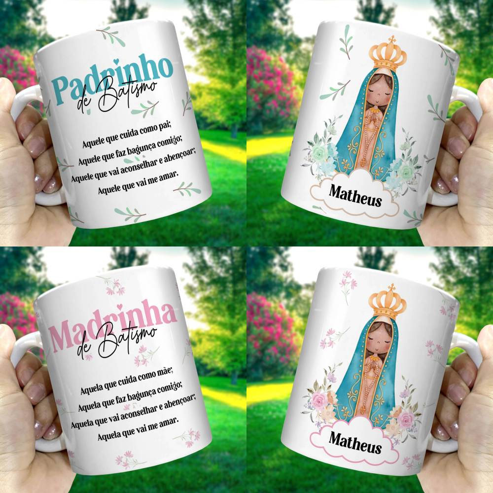 Caneca Personalizada Madrinha e Padrinho de Batismo – Nossa Senhora Aparecida | Porcelana 325ml