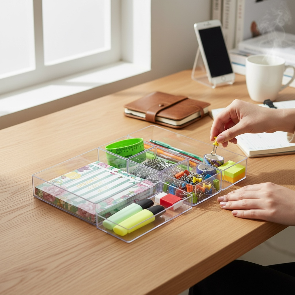 Organizador Gavetas Cristal Multiuso Maxcril 06 Peças Modular Porta Canetas Objetos Escritório Waleu