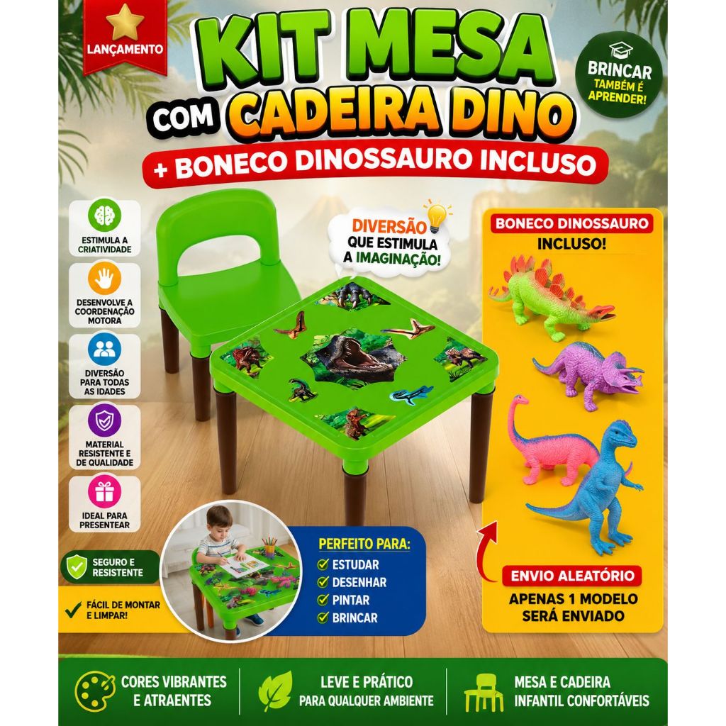Kit Mesa C/Cadeira Infantil Dinossauro +1 Boneco Dinossauro Brinquedo Menino Presente Criança Dino