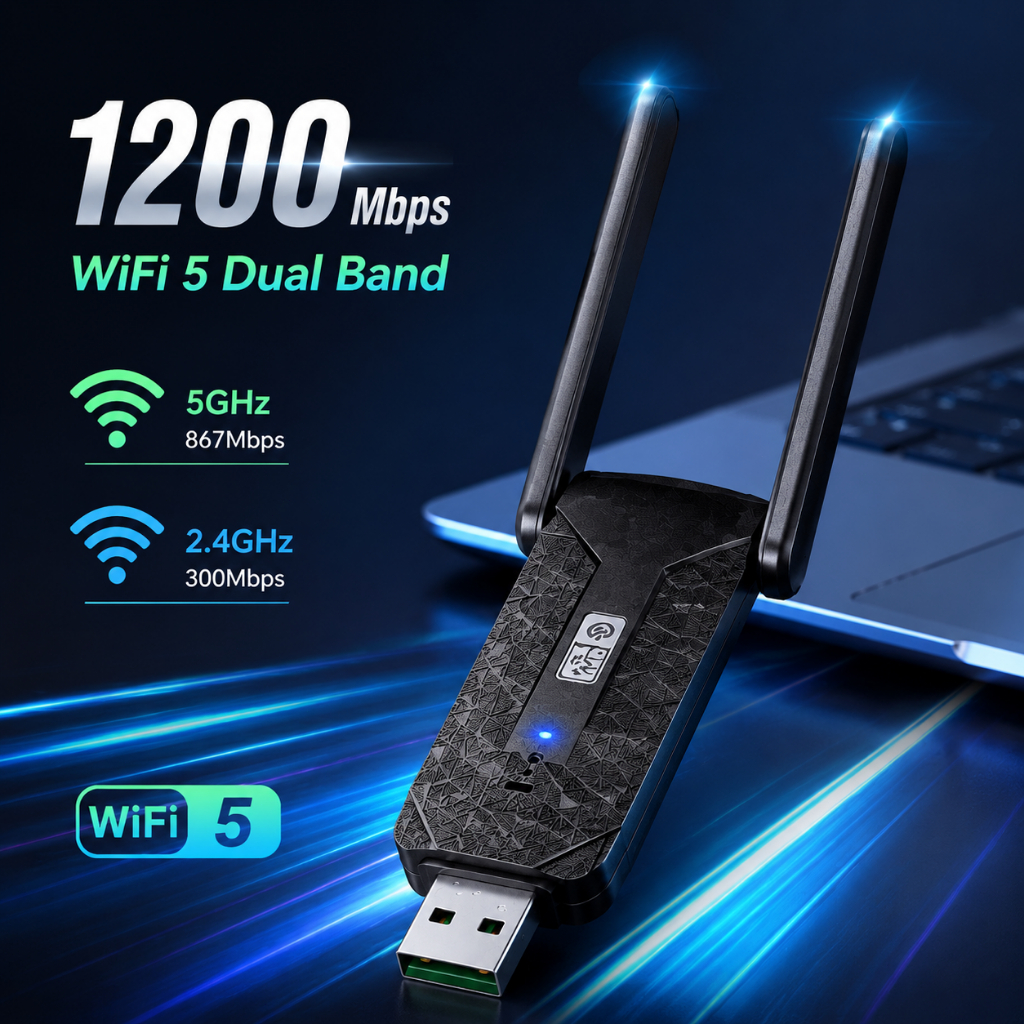 Adaptador USB 3.0 Wi-Fi 1200Mbps Banda Dupla Antena Dupla para PC e Notebook N43