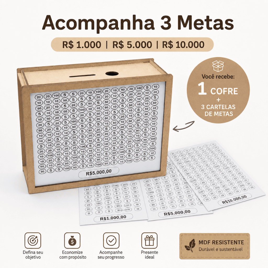 Cofre Desafio Economia MDF 1K 5K 10K Com 4 Cores MDF Cru Preto Nogueira Amadeirado Escuro Decorativo Para Presente