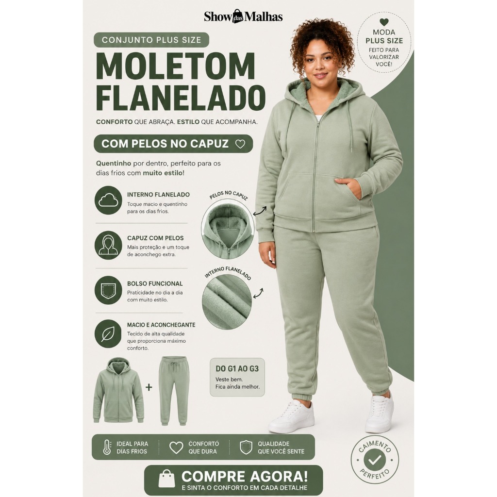 Conjunto Moletom Feminino do P ao G3 Inverno  Casaco + Calça - 1002253/54