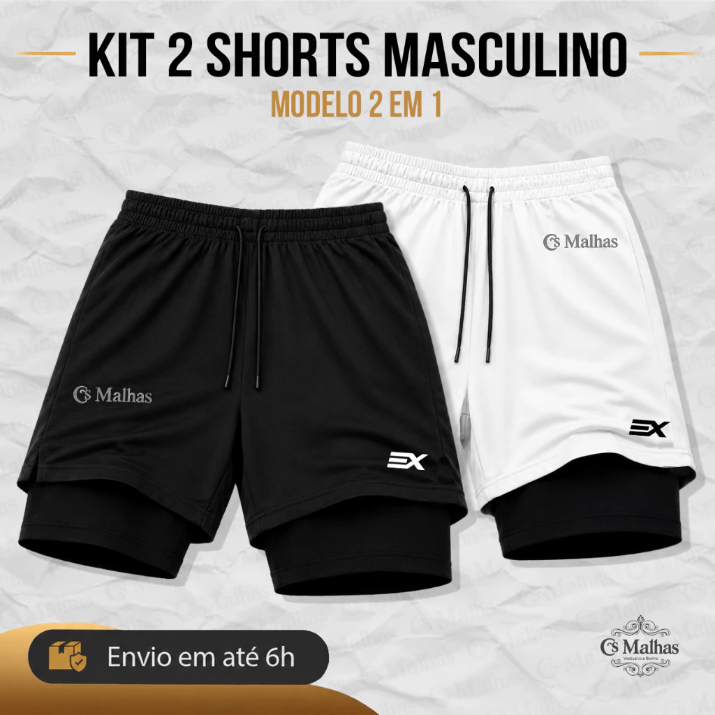 Kit 2 Shorts Masculino Dry Fit 2 em 1 com Compressão e Bolso Interno Bermuda Academia Treino Corrida — imagem 1