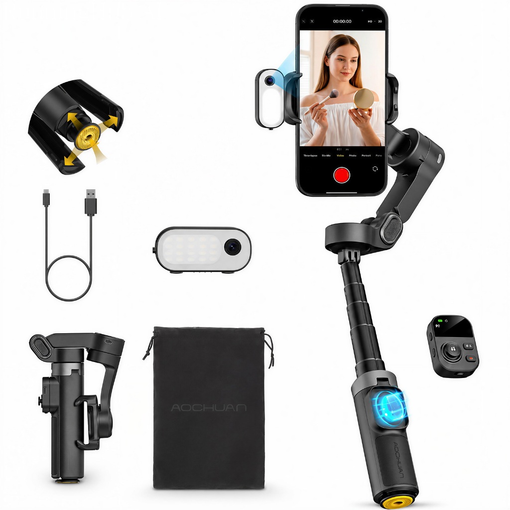 Aochuan Estabilizador Smart X3 Gimbal para Smartphone com Luz de Preenchimento Haste Telescópica e Tripé