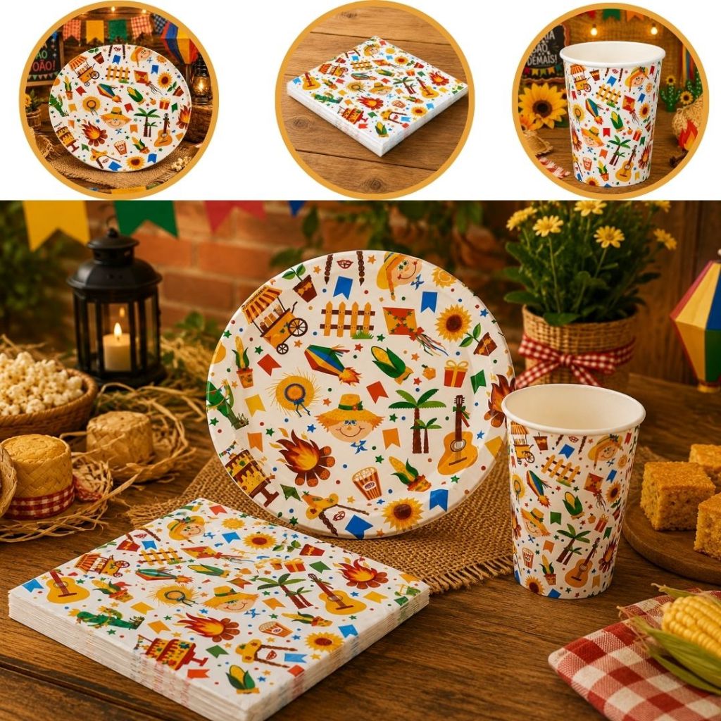 COMBO JUNINO 10 PRATOS+10 COPOS+20 GUARDANAPO JUNINO 33CM (SILVER) (CHOCO)