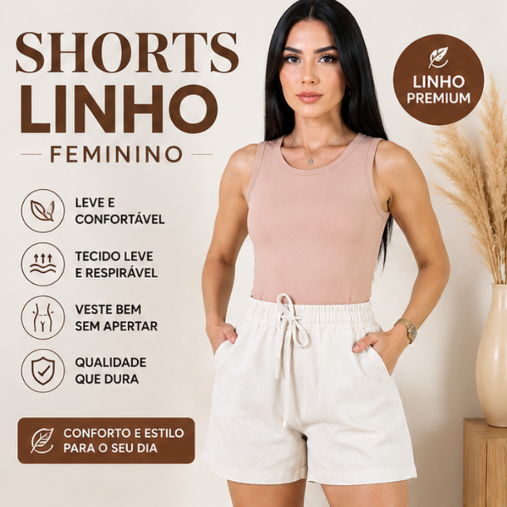 Shorts Linho Feminino Viscolinho Leve Não Transparente Cós Elástico Com Cordão e Bolsos Dia a Dia