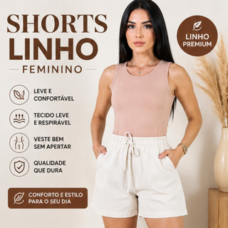 Shorts Linho Feminino Viscolinho Leve Não Transparente Cós Elástico Com Cordão e Bolsos Dia a Dia
