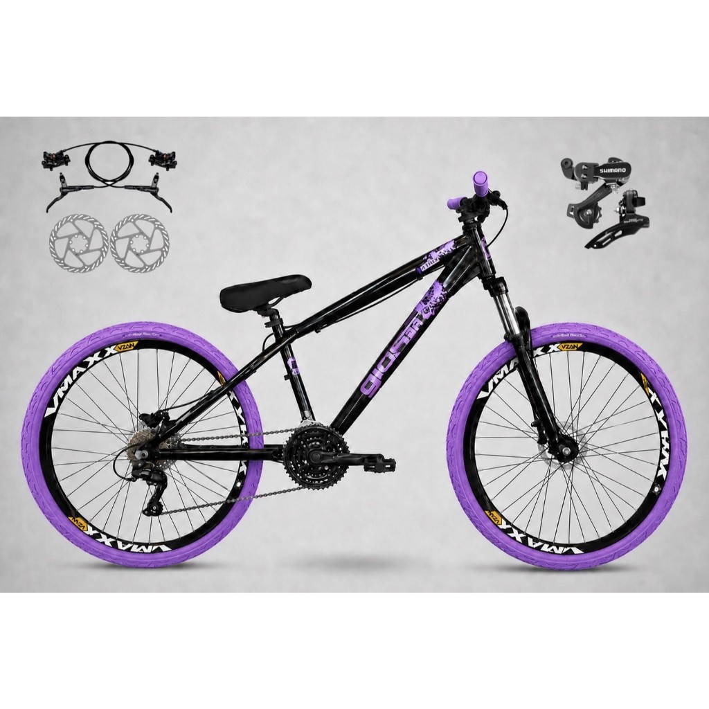 Bicicleta Aro 26 GIOS 4Trix Câmbios Shimano 21v Freio a Disco Hidráulico Freeride Downhill Aro Vmaxx DH Pneu Flame