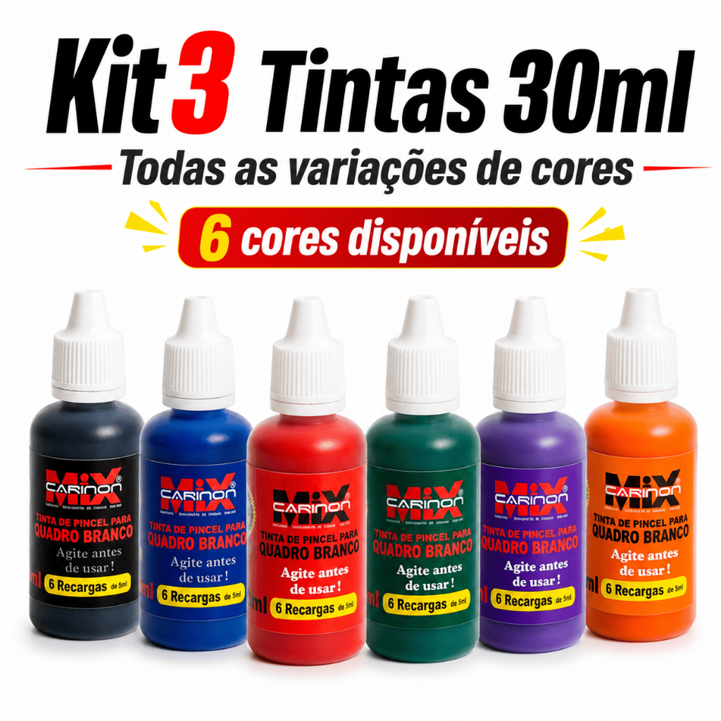 Kit 3 Unidades Tinta De Pincel Para Quadro Branco 30 ml cada - NÃO MANCHA O QUADRO Com conta gotas