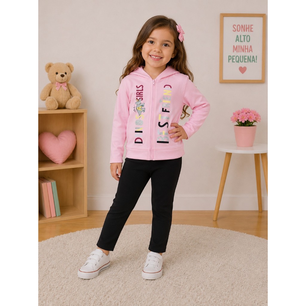 Conjunto Infantil Rovitex Menina Moletom Rosa com Capuz e Calça Preta