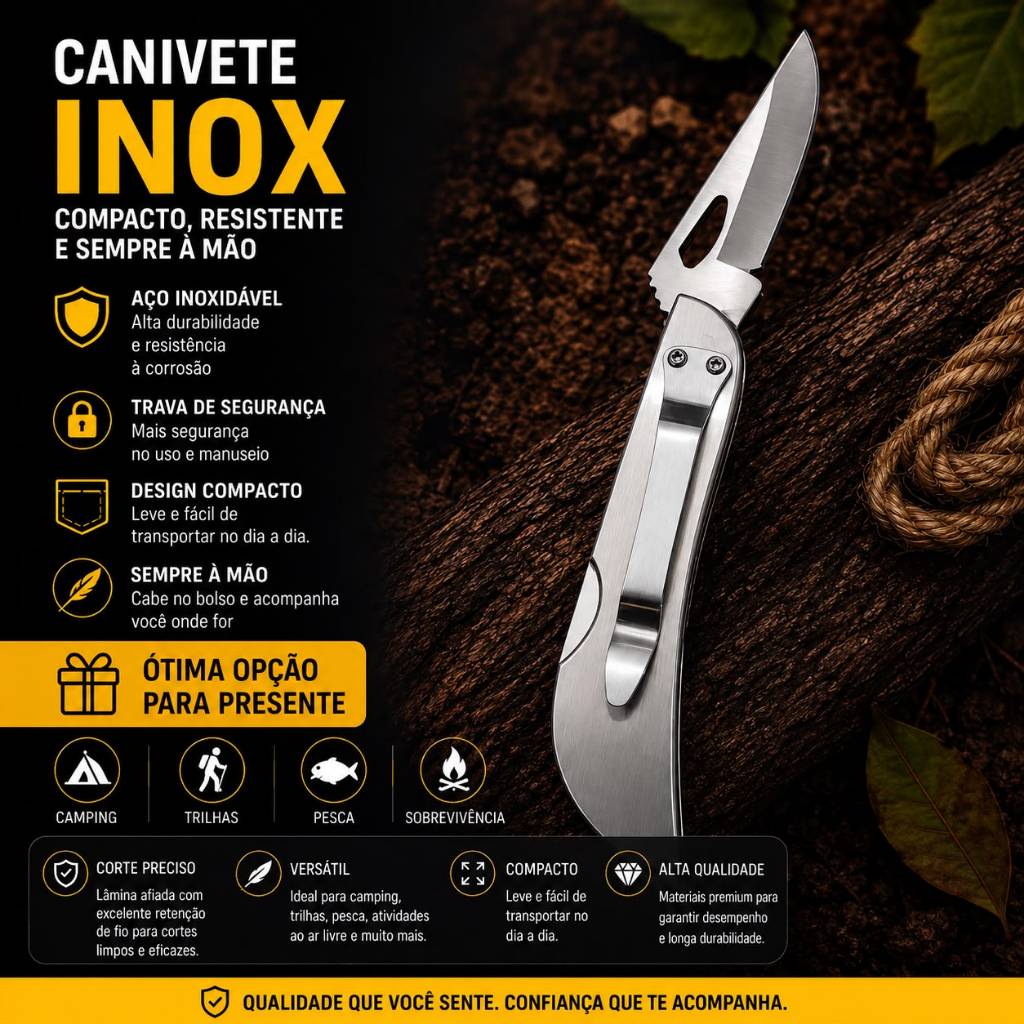 Canivete de bolso em aço inoxidável com cabo para trilhas e camping.
