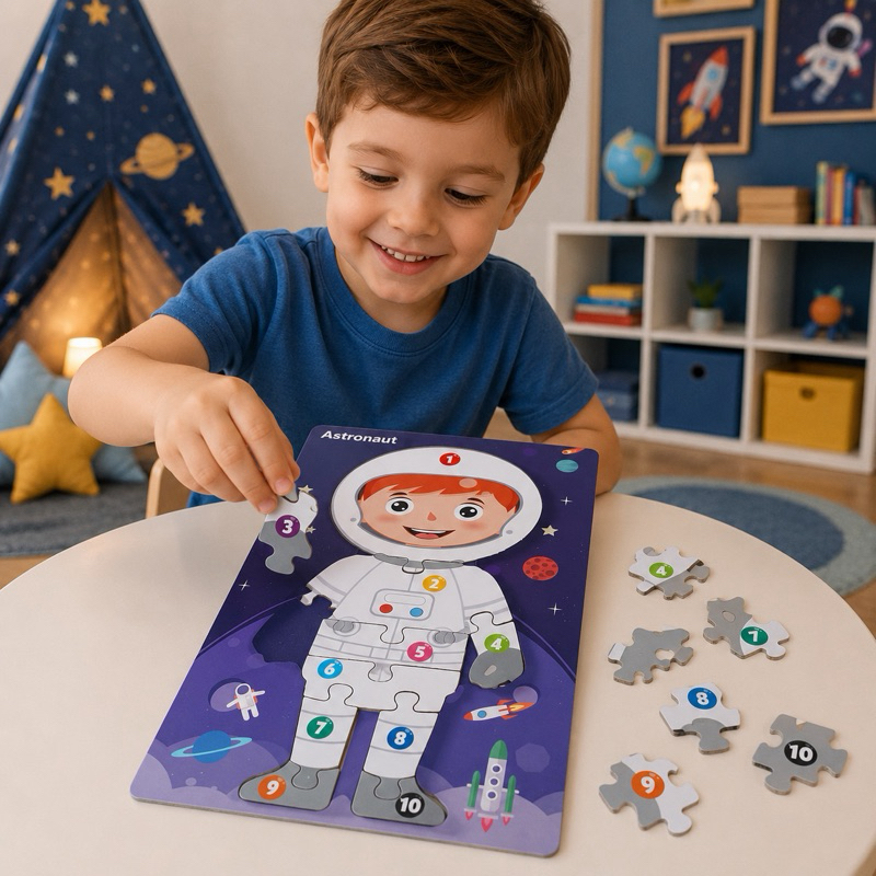 Quebra Cabeça Infantil Montessori coordenação motora autismo Astronauta Madeira Educativo 10 Peças