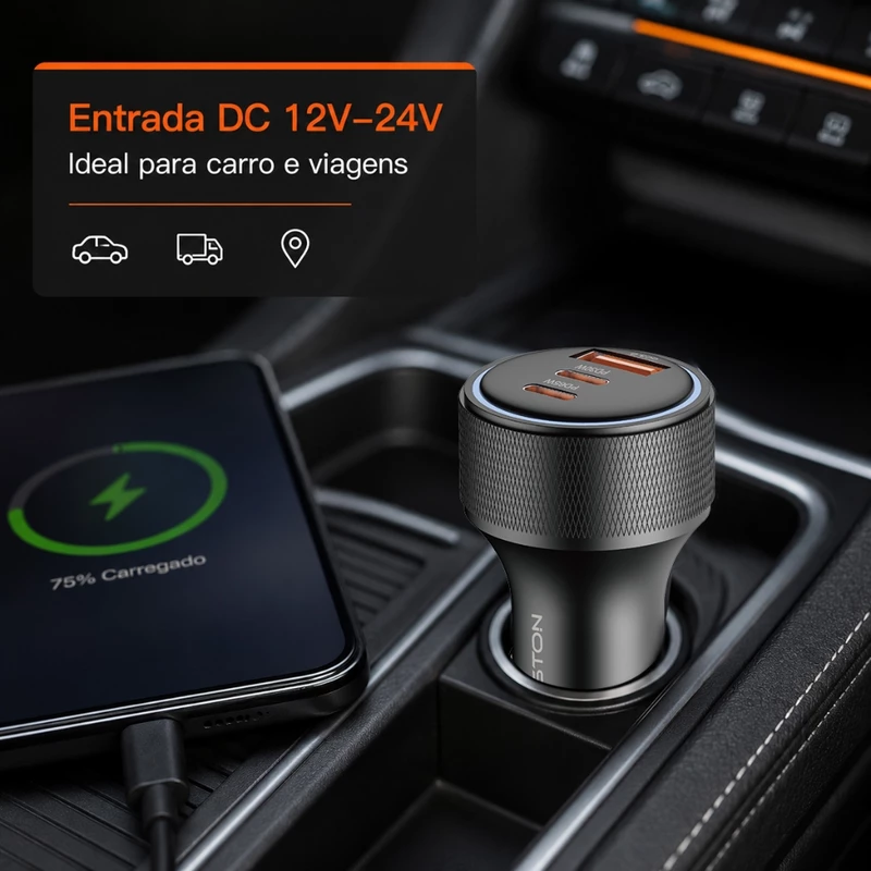 Carregador Veicular Turbo 3 Portes com 2 Tipo C e 1 USB — foto 4