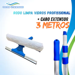 Limpa Vidro Profissional 25 CM com cabo de 3 metros Telescópico em Aluminio