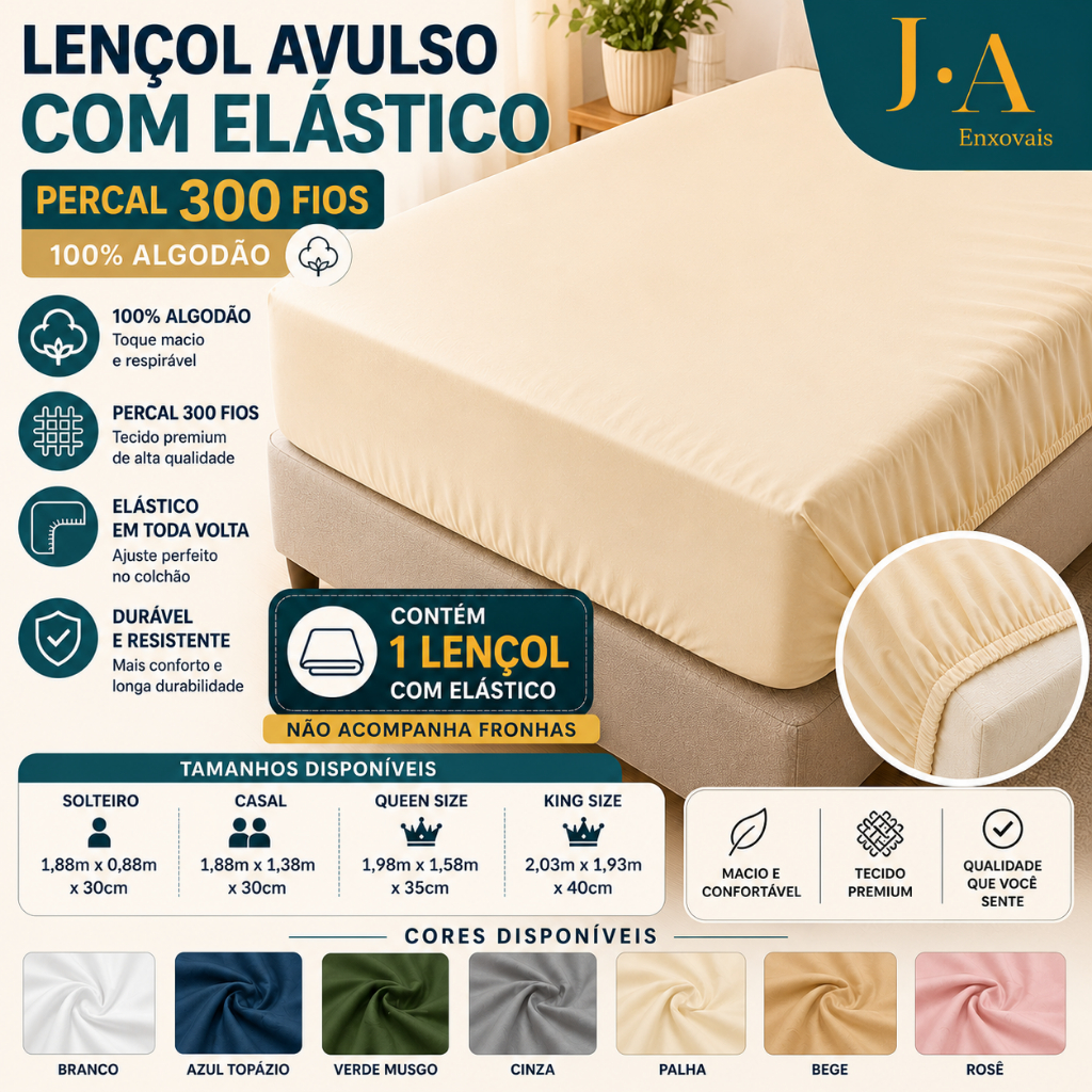 Lencol Com Elastico Avulso Percal 300 Fios 100 Algodao Solteiro Casal Queen King Macio Antipilling