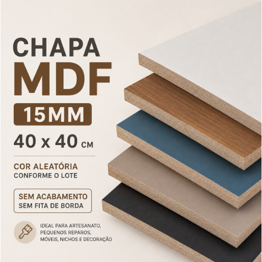 Chapa MDF 15mm 40x40 Cor Aleatoria Bordas Não Fitada Placa Madeira Artesanato Nicho Decoração Tampo