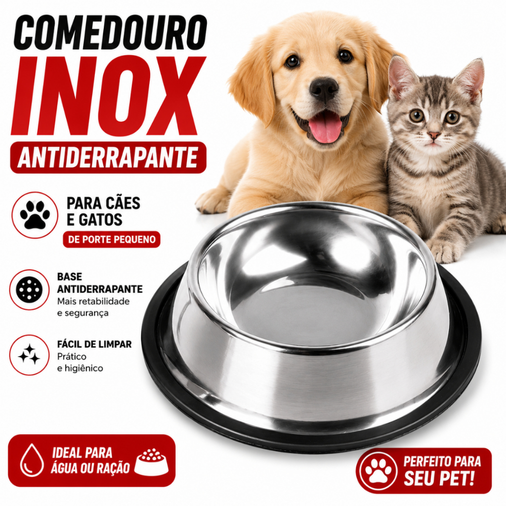 Comedouro ou Bebedouro Inox Para Pet Cachorro Gato e Outros com Base Antiderrapante