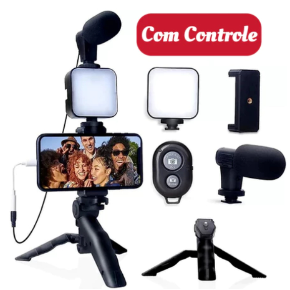Tripé Estabilizador de Mão kit 5 em 1 gimbal Microfone Celular Gravação De Vídeo