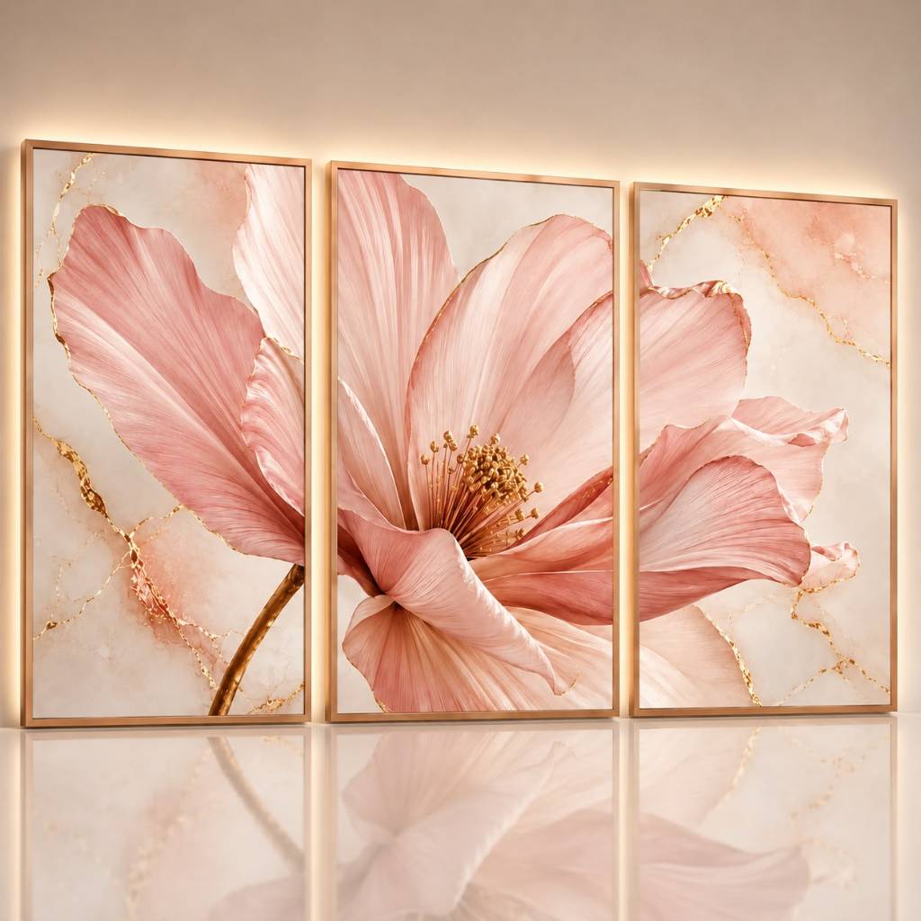 Kit 3 Quadros Floral Rosê Gold Flor Gigante Mármore Luxo Moderno Sala de Estar Quarto Decoração MDF