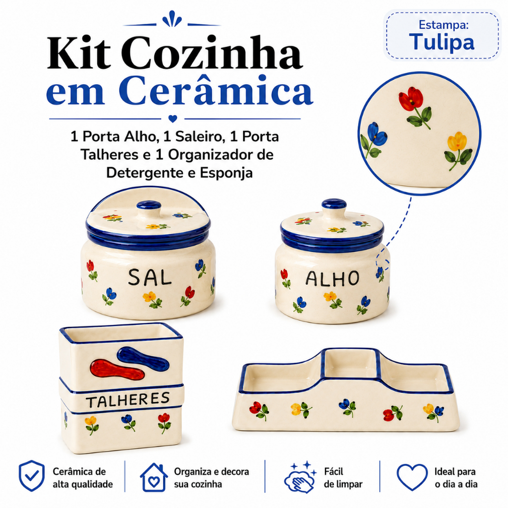Kit 4 Cerâmica Artesanal Porta Alho Saleiro Porta Talheres E Organizador Suporte Detergente Cozinha.