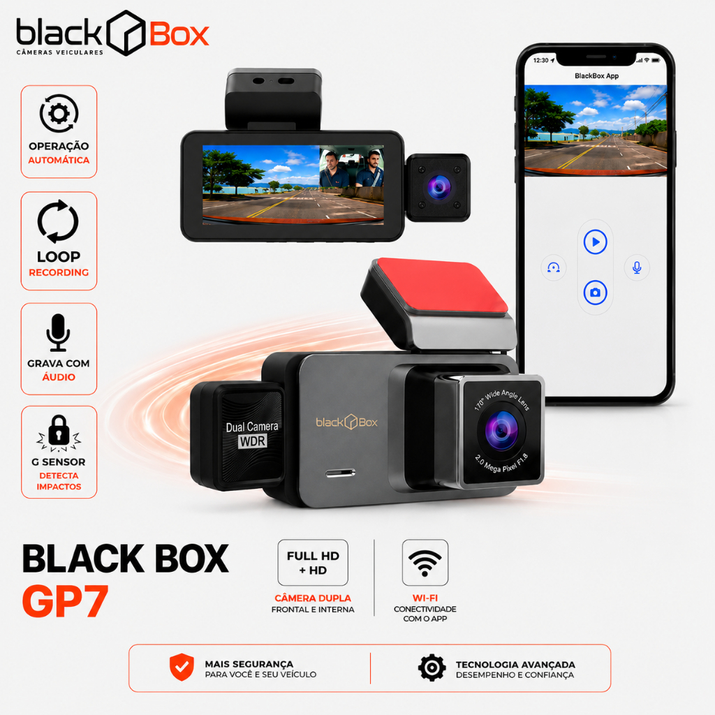 Black Box GP7 - Câmera Veicular, Wifi, Dupla (Frontal + Interna)