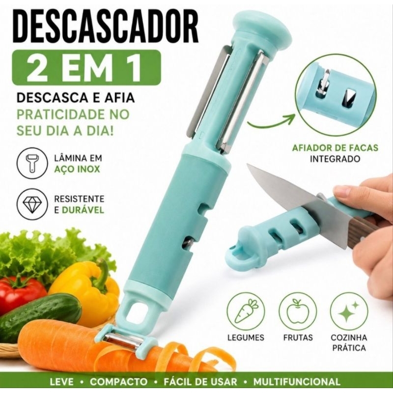 Descascador de Legumes e Frutas 2 em 1 com Afiador de Facas Aço Inox Cozinha