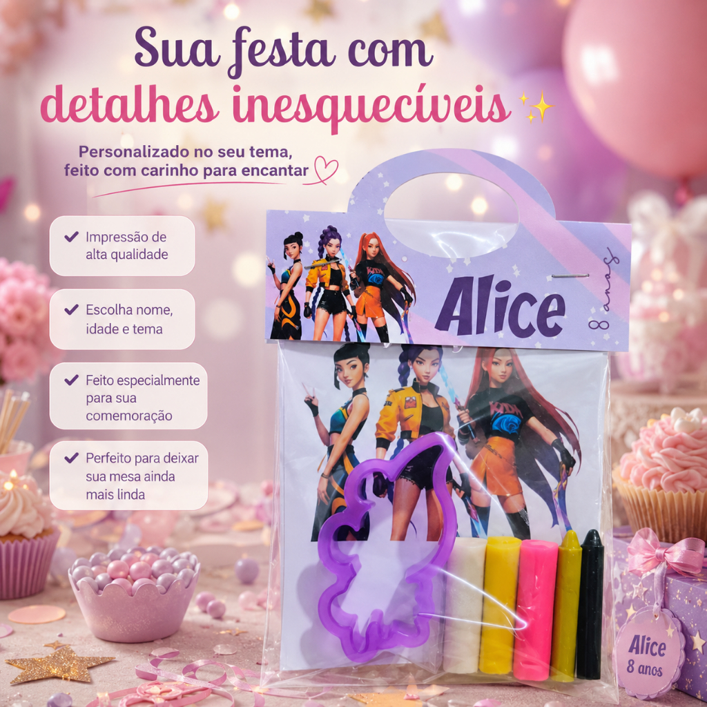 Kit Para Colorir Premium Guerreiras do Kpop Personalizado para Festa Infantil + Kit Massinha + Giz