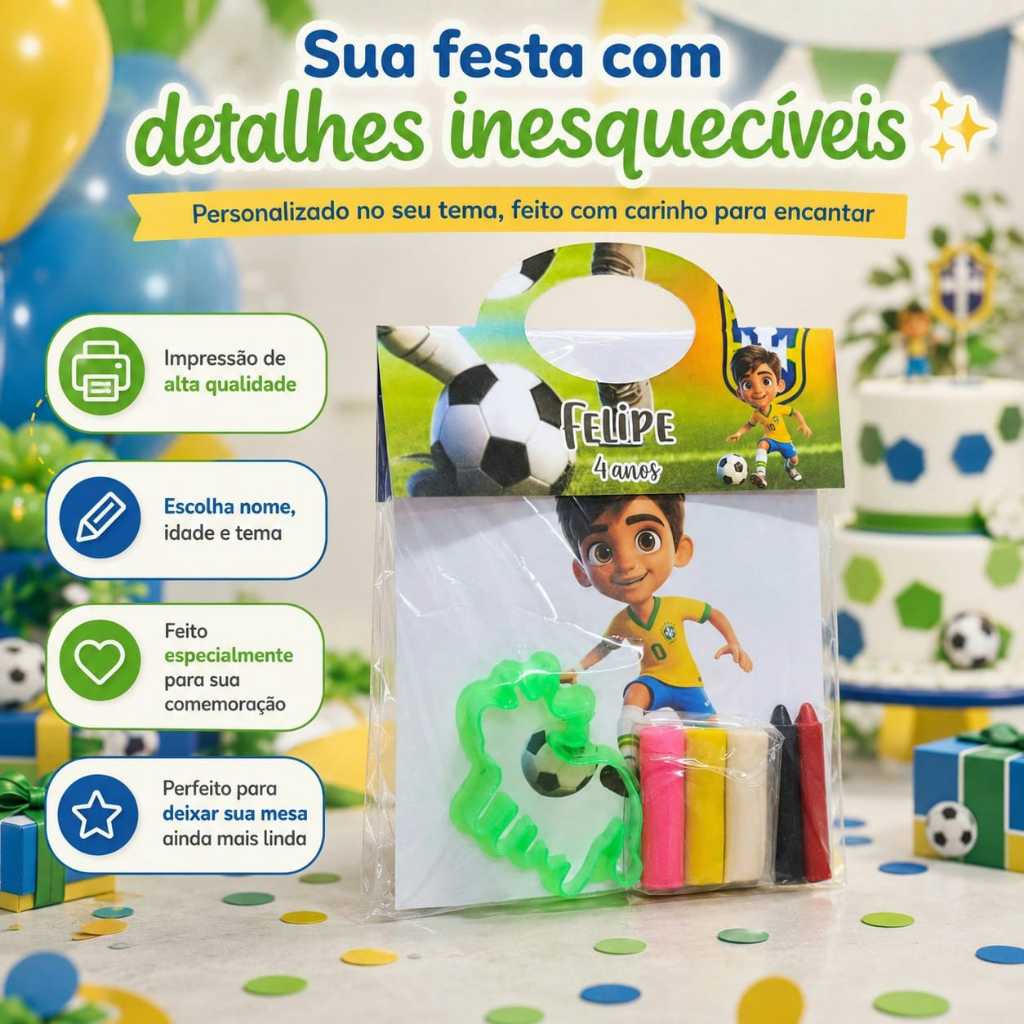 Kit Para Colorir Premium Futebol Personalizado para Festa Infantil + Kit Massinha + Giz, Lembrancinha Criativa