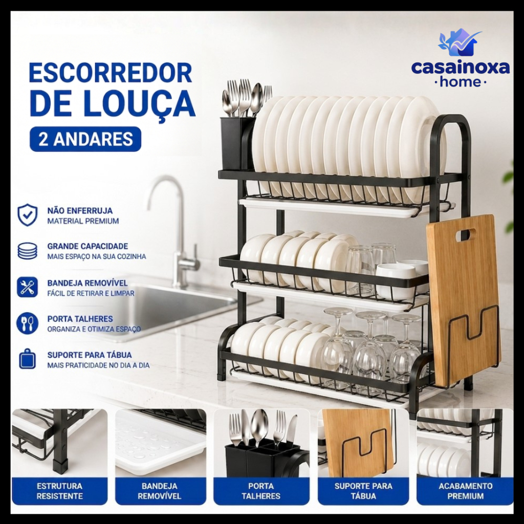 Escorredor de Louça Sobre Pia Aço Inox 2 Andares Porta Pratos Porta Talheres Organizador de Cozinha