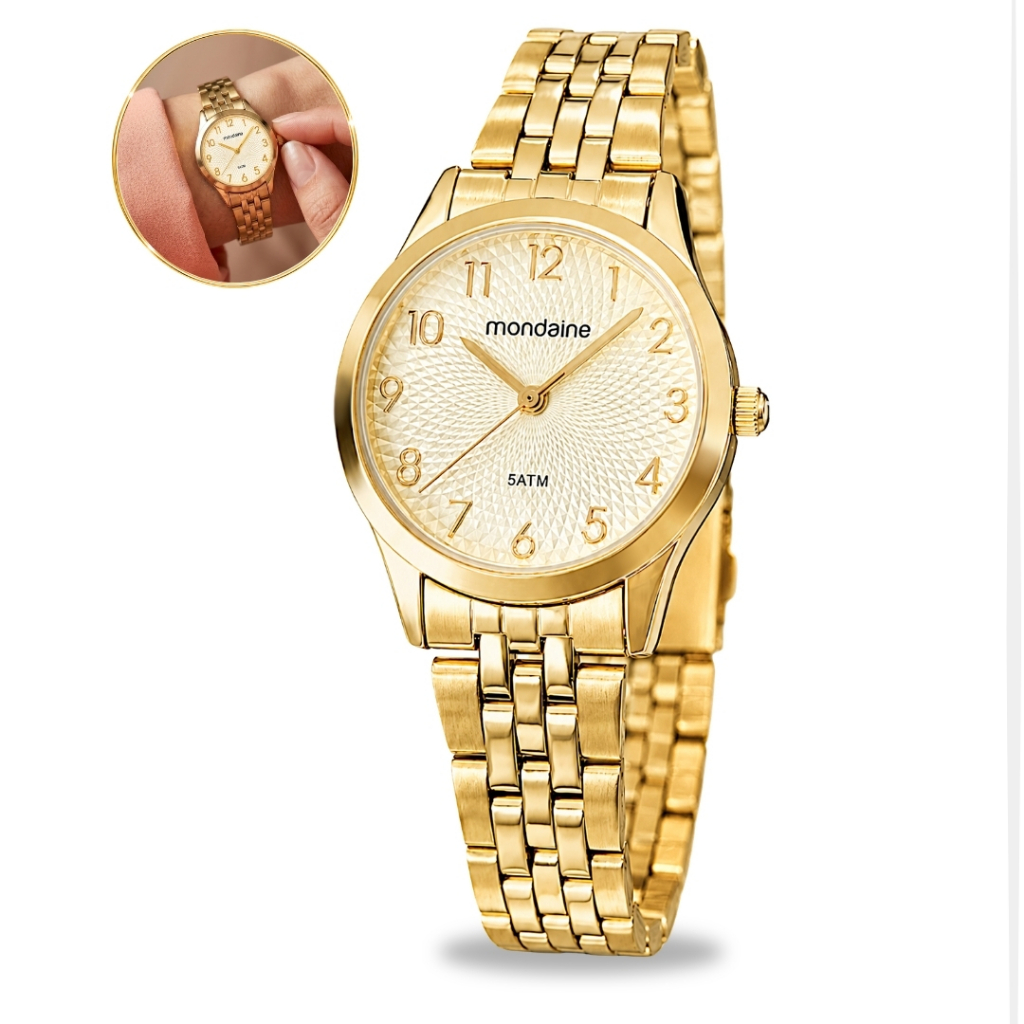 Relógio Mondaine Feminino De Pulso Analógico Pequeno Minimalista Dourado Com Pulseira Em Aço Inox A Prova Dágua Original