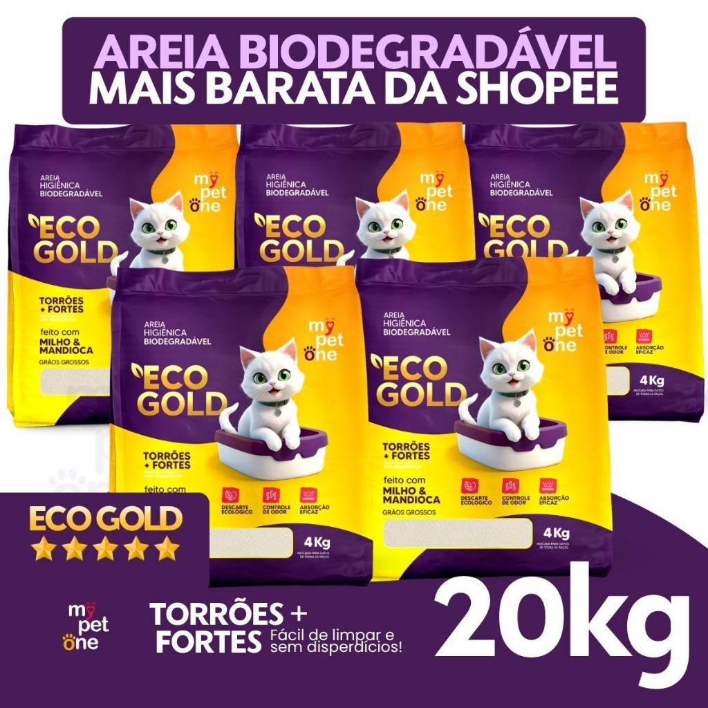 Kit 5 Areia Biodegradável Milho e Mandioca para Gatos Cat Bio Eco Gold Grãos Grossos MyPetOne - 20Kg