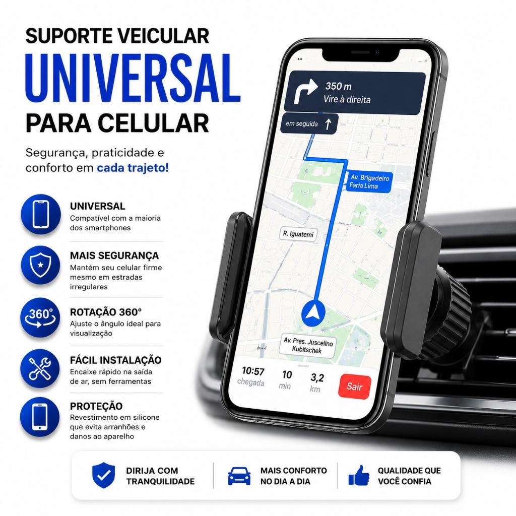 Suporte Veicular Universal para Celular De Carro - Saída de Ar, Ajustável, Fácil de Instalar
