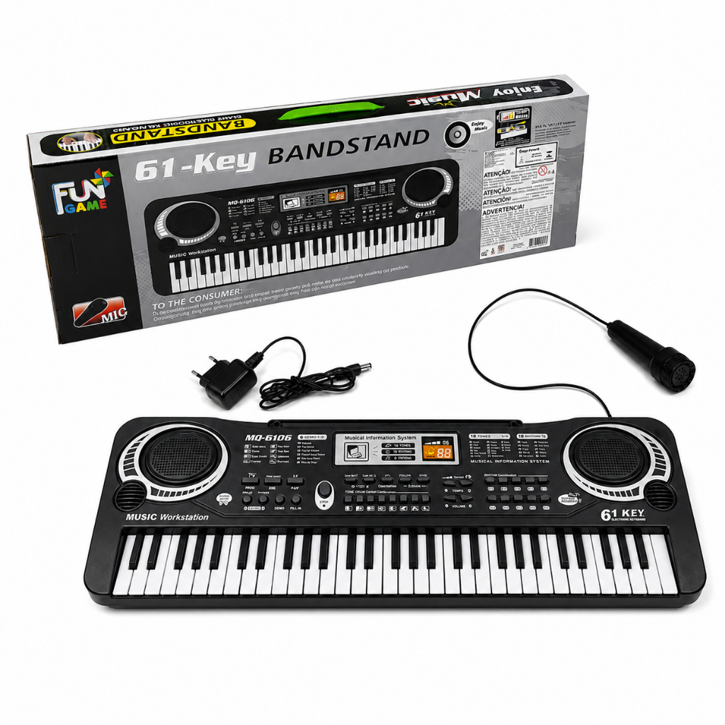 Teclado Elétrico 61 Teclas Musical Infantil com Microfone e Fonte