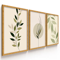 Kit 3 Quadros Decorativos Folhagens Verdes Botânico Minimalista Escandinavo Natureza Abstrata