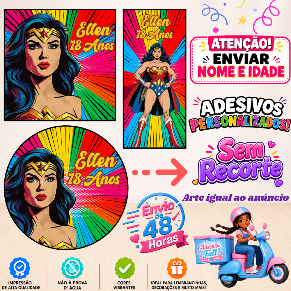 Mulher Maravilha - 100/60/40 Adesivos Personalizados Lembrancinhas Festa Aniversário
