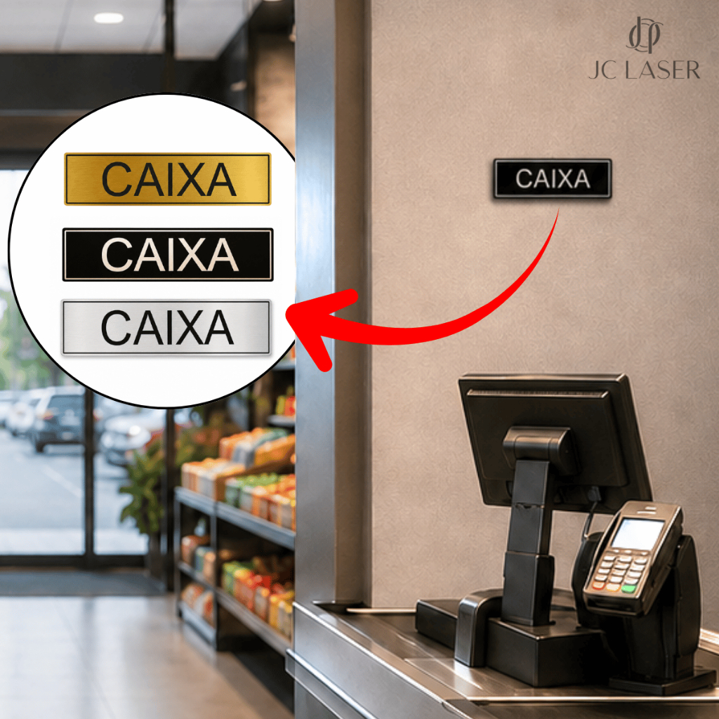 Placa Caixa Preta Acrílica Dourada Prata ABS 20x5cm Balcão Recepção Loja Comércio PDV Sinalização